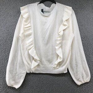 NWOT Lightweight Sweater Womens Medium M White Pointelle Knit Ruffle Front